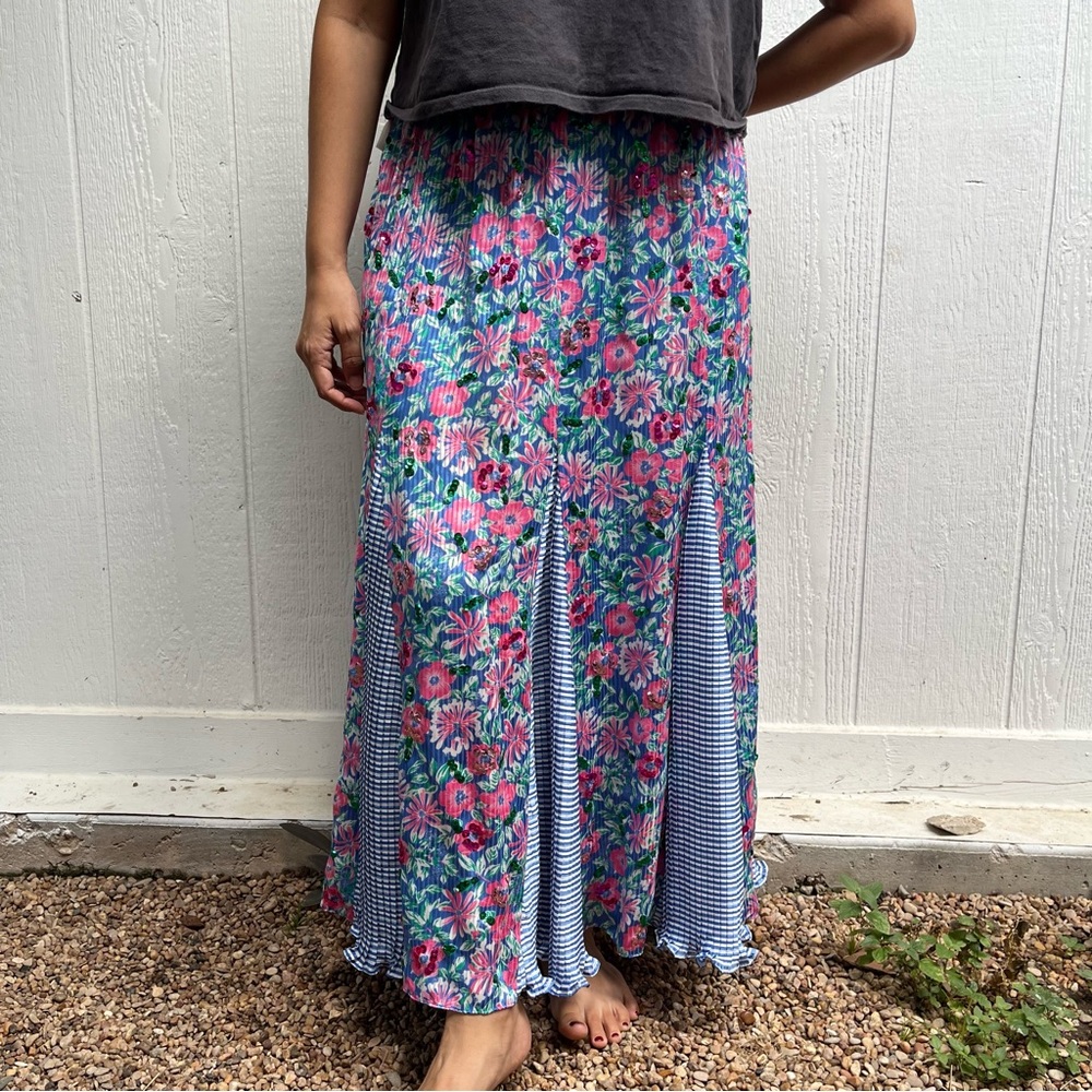 Vintage Diane Freis 80s Polyester Georgette Mixed Print Skirt with sequins